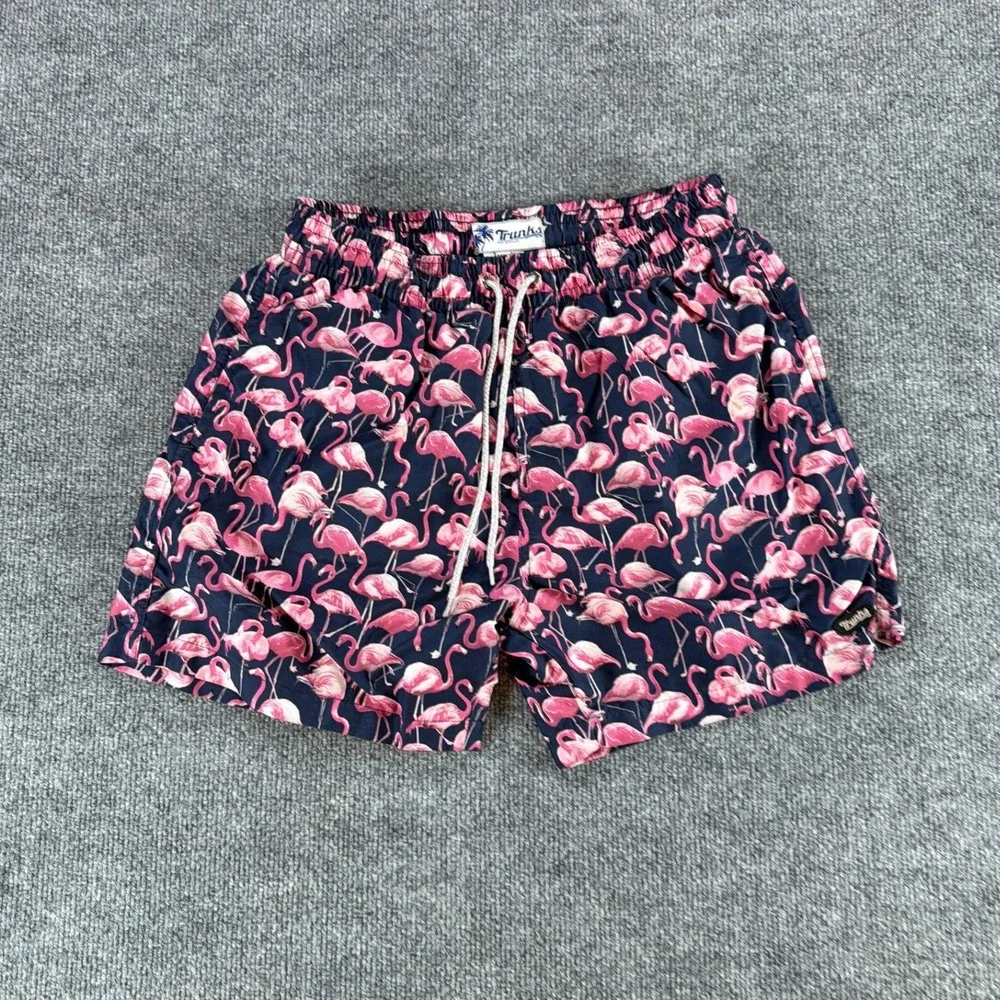 Trunks Surf & Swim Co‎ Mens Pink Flamingo Print Swim Trunks Navy Blue Medium 5in